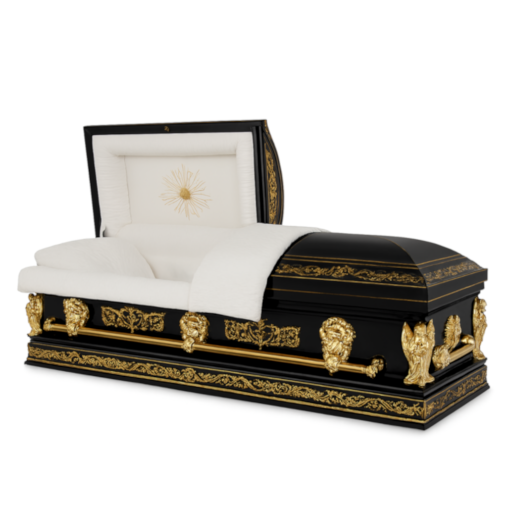 A black and gold stainless steel casket with intricate gold detailing and an open lid, showcasing a white, plush interior.