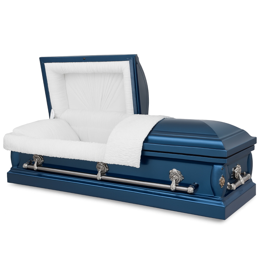 An open blue Stainless steel casket with a white interior and a soft cushion, showing an elegant design.