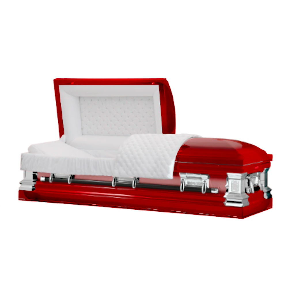 A red stainless steel casket with an open lid and white interior, featuring a quilted design.