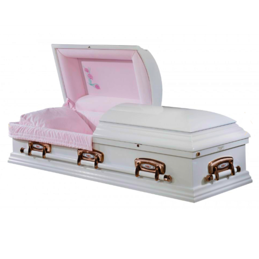 A polished white Poplar casket with a pink interior and decorative elements, partially open, showcasing a plush lining.