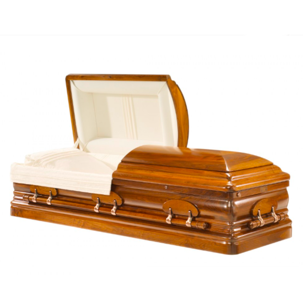 A polished walnut casket with an open lid, featuring a cream-colored interior and decorative details.