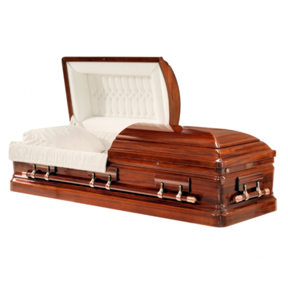 A polished Mahogany casket with an open lid, featuring a white cushioned interior and decorative trim.